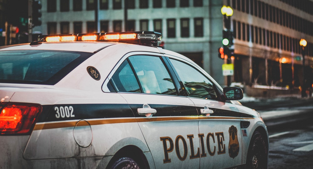 white police car in front of a green stop light