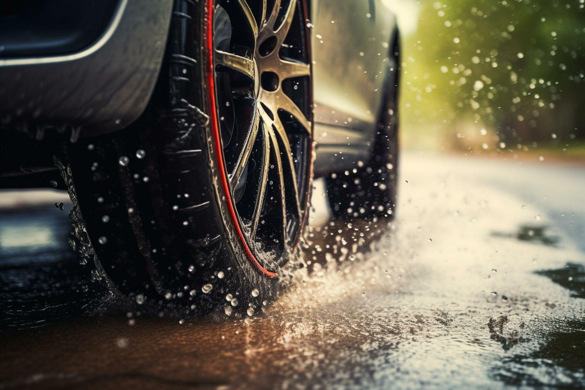 A car drives through a puddle in the rain not caring about pedestrians.