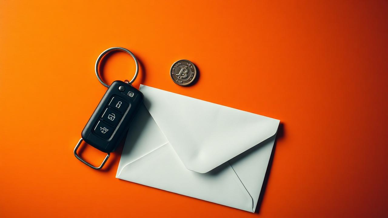 Car key, coin, and envelope on an orange surface representing auto insurance savings