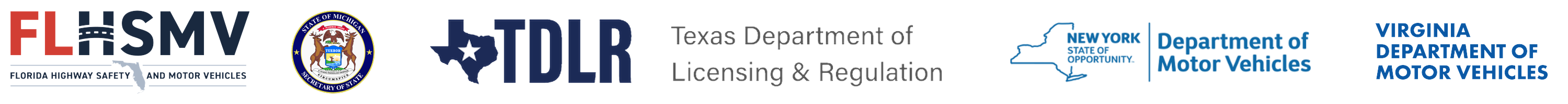 State DMV and court approval seals including Florida HSMV, Michigan SOS, Texas TDLR, New York DMV, and Virginia DMV
