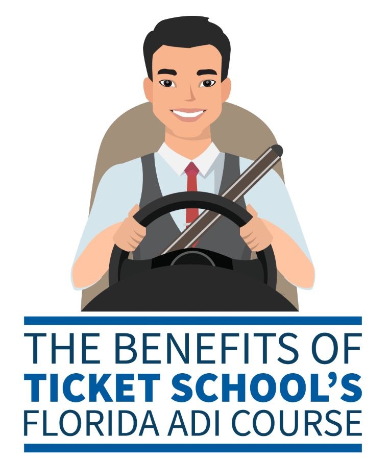 The Benefits of Ticket School's Florida ADI Course - graphic of man driving