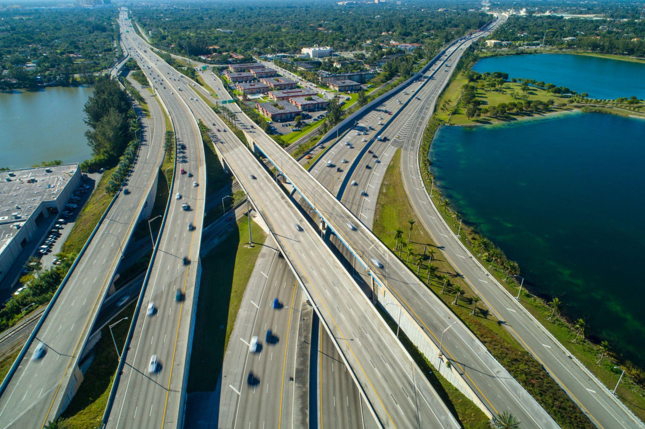 Aerial drone photo highway interchange Miami Florida Palmetto expressway