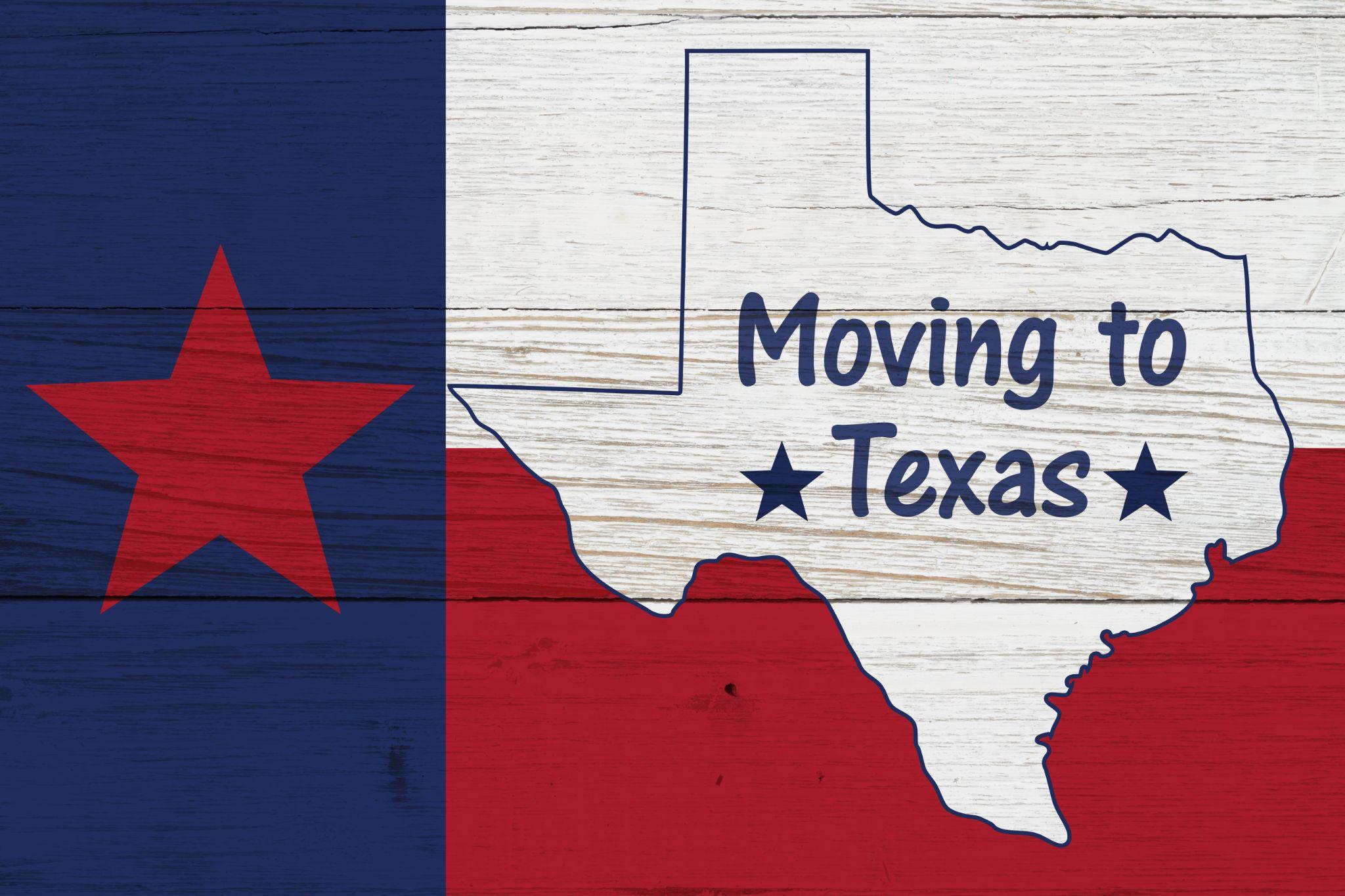 Moving to Texas message on a Texas state flag with the state map
