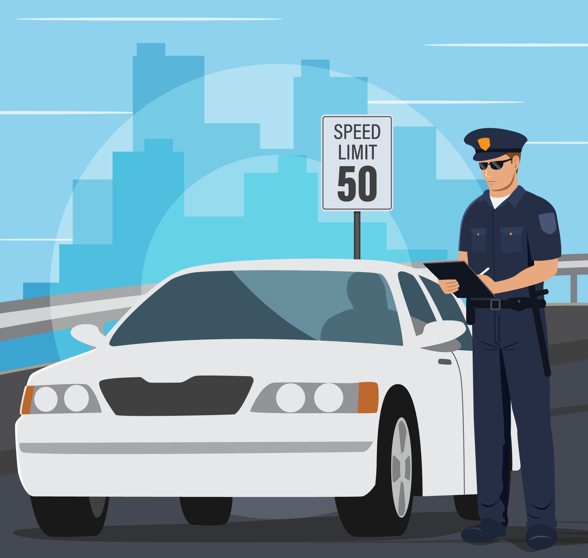 Vector graphic of policeman pulling over white sedan