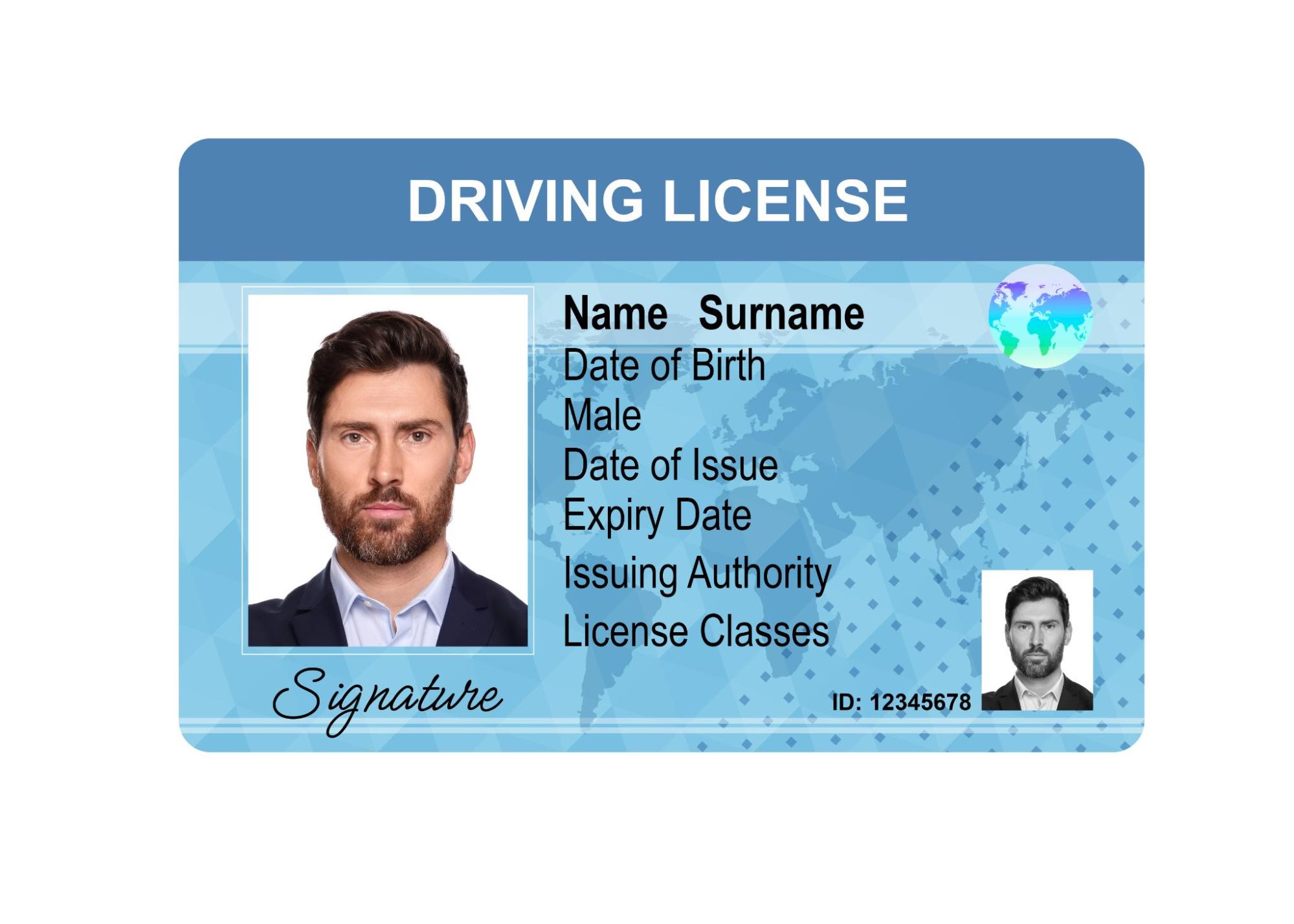 Driver's license with photo of man and world map illustration isolated on white.